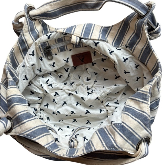 AE Striped Canvas Hobo Slouch Bag Double Knotted Handles Blue White Lined Beach - Picture 2 of 5